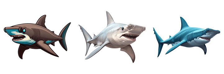 Obraz premium Hammerhead sharks various colors and s swimming deep sea habitat. Their unique shapes and features evoke sense of wonder