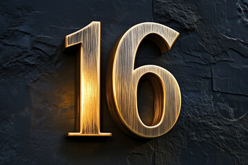 A brushed gold number 16 on a flat midnight black background, glowing faintly from soft side lighting.