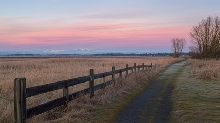 Fototapeta premium A scenic pathway leading towards the horizon at sunrise, bathed in soft pastel colors of Easter dawn.