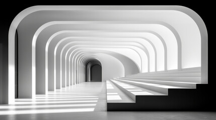 sleek and modern interior featuring curved white arches and steps, creating minimalist aesthetic. bright lighting enhances spacious feel