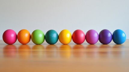 Naklejka premium A set of colorful Easter eggs arranged in a line on a wooden table, ready to be hidden for an Easter egg hunt, symbolizing family traditions on Easter morning.