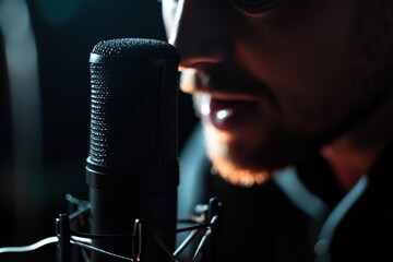 A modern entrepreneur recording a business podcast, using a professional microphone, engaging audience through digital content creation