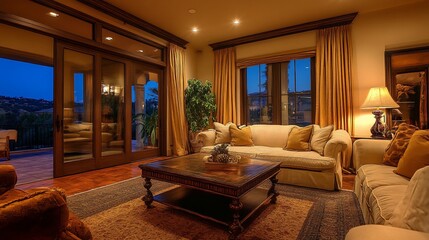 Fototapeta premium Luxury living room sunset view home decor