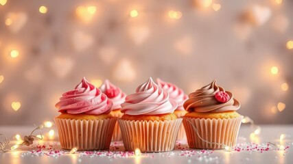 Elegant dessert display featuring intricately designed sugar-crafted cupcakes lit by delicate string lights amidst hearts of light on the background, string lights, cupcakes, refined presentation