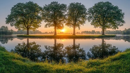 Obraz premium Sunrise over a lake with trees mirrored in the water, serene morning landscape