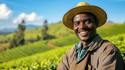 A smiling farmer wearing a traditional straw hat harvesting tea leaves in a lush, rolling tea field under a bright, clear blue sky.