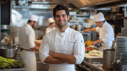 Smiling chef stands in restaurant kitchen with arms crossed and chefs working behind