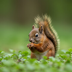 Obraz premium Red Squirrel Eating Nut in Green Forest Environment