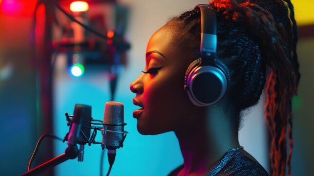 A vocalist passionately singing into a studio microphone, wearing headphones, with colorful LED lights and a professional recording setup in the background.
