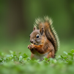 Obraz premium Cute red squirrel, Sciurus vulgaris, eating a nut in a green spring forest with copy space. Lovely wild animal with long ears and fluffy tail feeding in ...