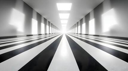 Long corridor, bright lights, striped floor, futuristic