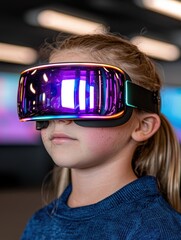 Naklejka premium Girl wearing a virtual reality headset with colorful lights.