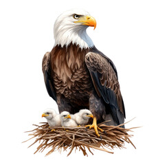 bald eagle with two chicks in nest, showcasing nurturing scene
