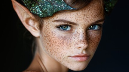 Portrait of a beautiful elf woman with freckles and blue eyes.