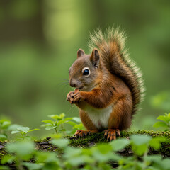 Cute red squirrel, Sciurus vulgaris, eating a nut in a green spring forest with copy space. Lovely wild animal with long ears and fluffy tail feeding in ...
