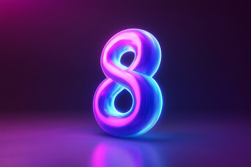 Obraz premium A glowing neon blue number 8 floating on a soft gradient of purple and black, with realistic lighting effects.