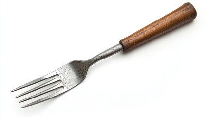 Fototapeta premium Rustic wooden-handled fork on white. Food preparation image