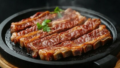 Beef slice on black pan plate for cooking dinner