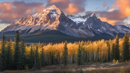 Fototapeta premium Majestic mountain sunrise, autumn forest, Canadian Rockies