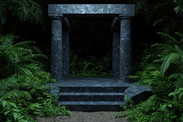 Naklejka premium Mysterious stone portal in a lush jungle environment.