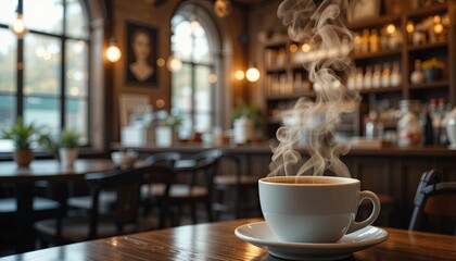 Steaming coffee cup cozy scene indoor setting food photography close-up warmth