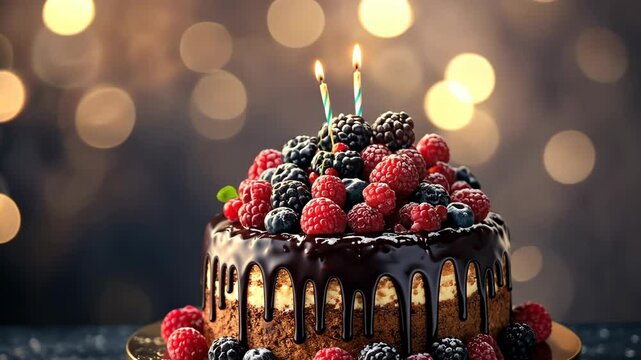 A delicious birthday cake with berries and chocolate, on a gold plate on the table, against a dark background. This still life is in a photorealistic style,