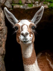Obraz premium Close up portrait of a guanaco looking at the camera.