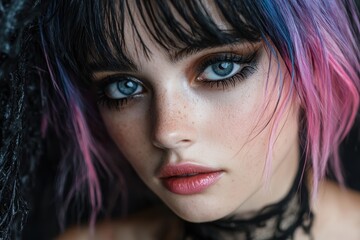 Fototapeta premium Close-up portrait of a woman with blue eyes and colorful hair.