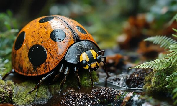 Close-up of a vibrant orange ladybug with black spots resting on a mossy log near a stream in a lush forest
