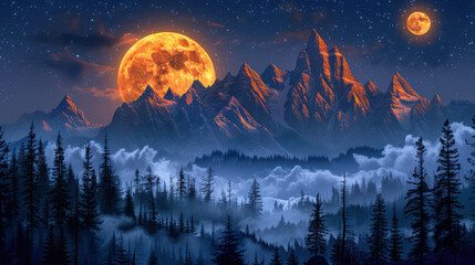 breathtaking scene of glowing orange moon illuminating majestic mountains under starry sky, surrounded by misty forests