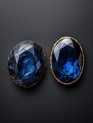 Fototapeta premium Two blue gemstones on a dark background.