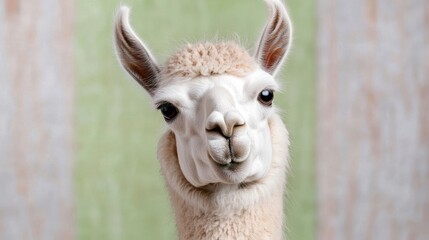 Obraz premium Curious alpaca portrait, farm background