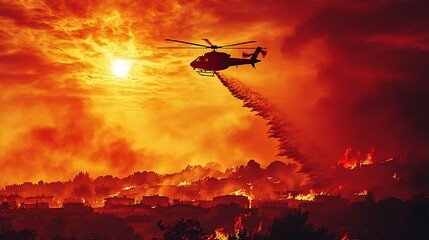 Obraz premium Helicopter fighting wildfire sunset, houses burning