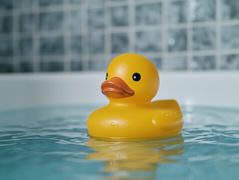 A yellow rubber duck floats in a bathtub.