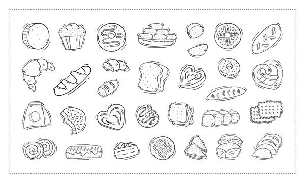 bread icon, hand drawn bakery icon, doodle bread or bakery icon set