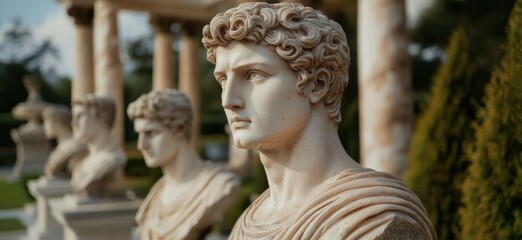 Fototapeta premium Classical marble bust sculptures in a garden setting.