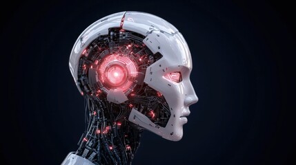 Futuristic robot head with glowing red lights.