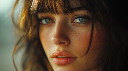Fototapeta premium Captivating Close-Up of a Young Woman with Natural Beauty and Striking Blue Eyes in Soft Light