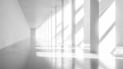 Bright Minimalist Interior with Shadows and Light Playing on White Columns and Floor in Modern Space
