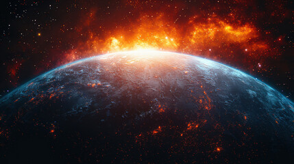 Obraz premium breathtaking view of planet with fiery clouds and starry background, showcasing beauty of cosmos