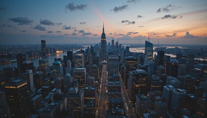 Obraz premium Sunset aerial view of new york city skyline urban landscape gigapixel cgi