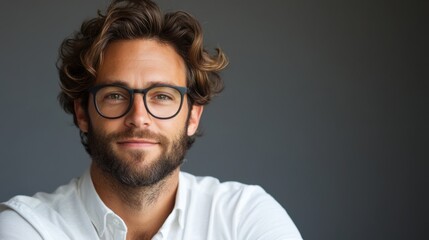 Obraz premium Confident man with curly hair and glasses smiling warmly against a neutral backdrop in a professional setting