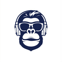 Cool hair monkey head facing front wearing glasses and using handsfree illustration logo design