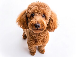 Fototapeta premium Stunning drone shots showcase a brown poodle's fluffy charm, set against a pure white background.