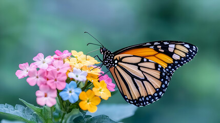Fototapeta premium Monarch butterfly feeding on colorful flowers, garden background, nature photography for website