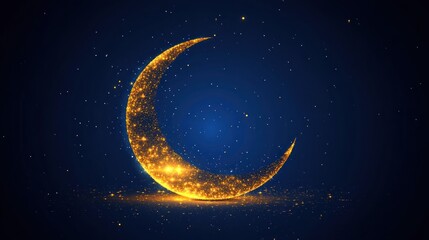 Naklejka premium Golden crescent moon with sparkling particles on dark blue background.