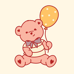 Charming sweet bear holding a balloon in a pastel-toned design for baby showers, birthday-themed stickers, or prints, children's party invitations or nursery decorations