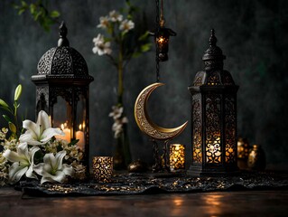 Fototapeta premium beautifully arranged Eid centerpiece displays golden crescent moon ornament surrounded glowing candles and fresh white lilies along decorative lanterns.