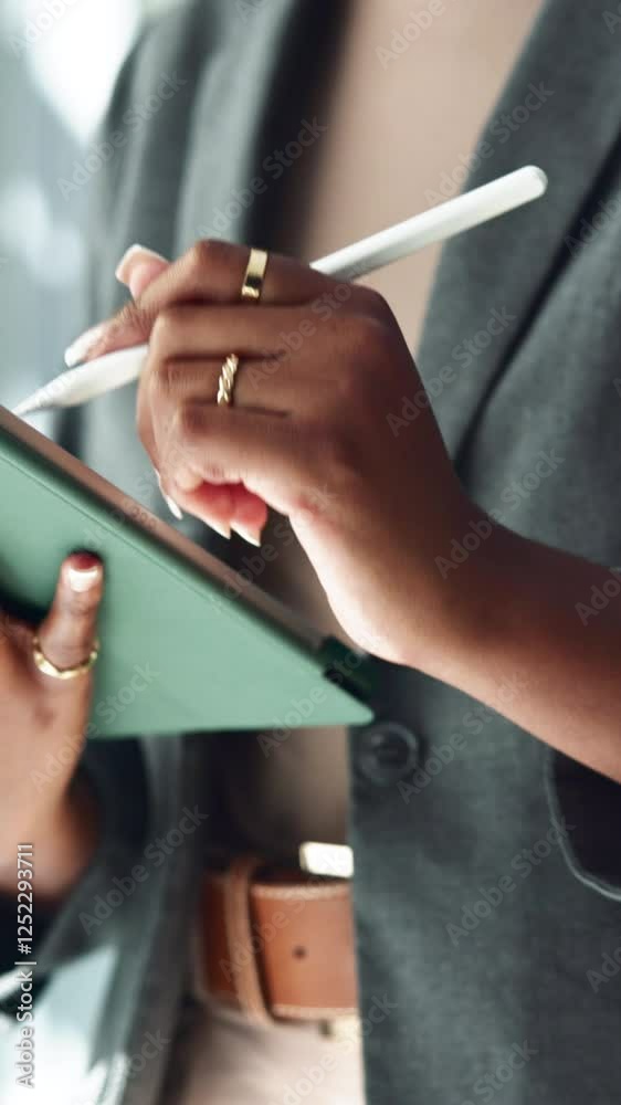 Poster agenda, hands and tablet with business person closeup in office for creative web development. design