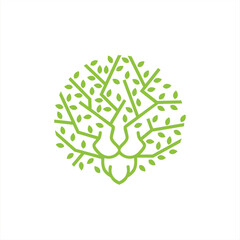 Abstract lion head with branches and leaves illustration logo design